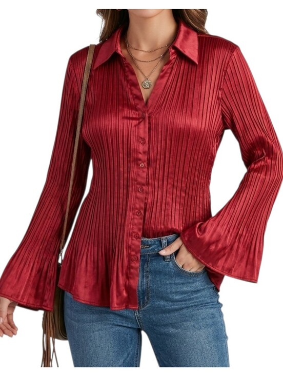 Tailor B. Moss Tops - Tailor B. Moss V Neck Red Pleated Button-Down Bell Sleeved Shirt